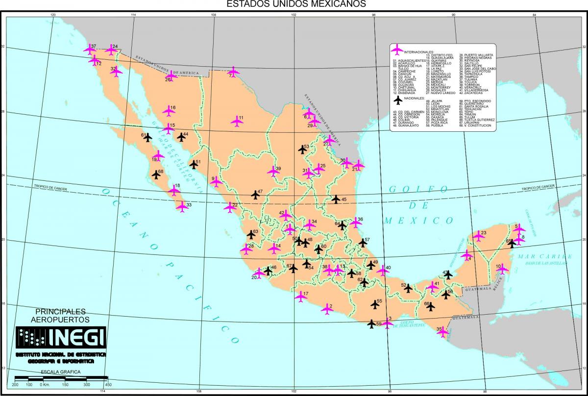 Mapa de los aeropuertos de México